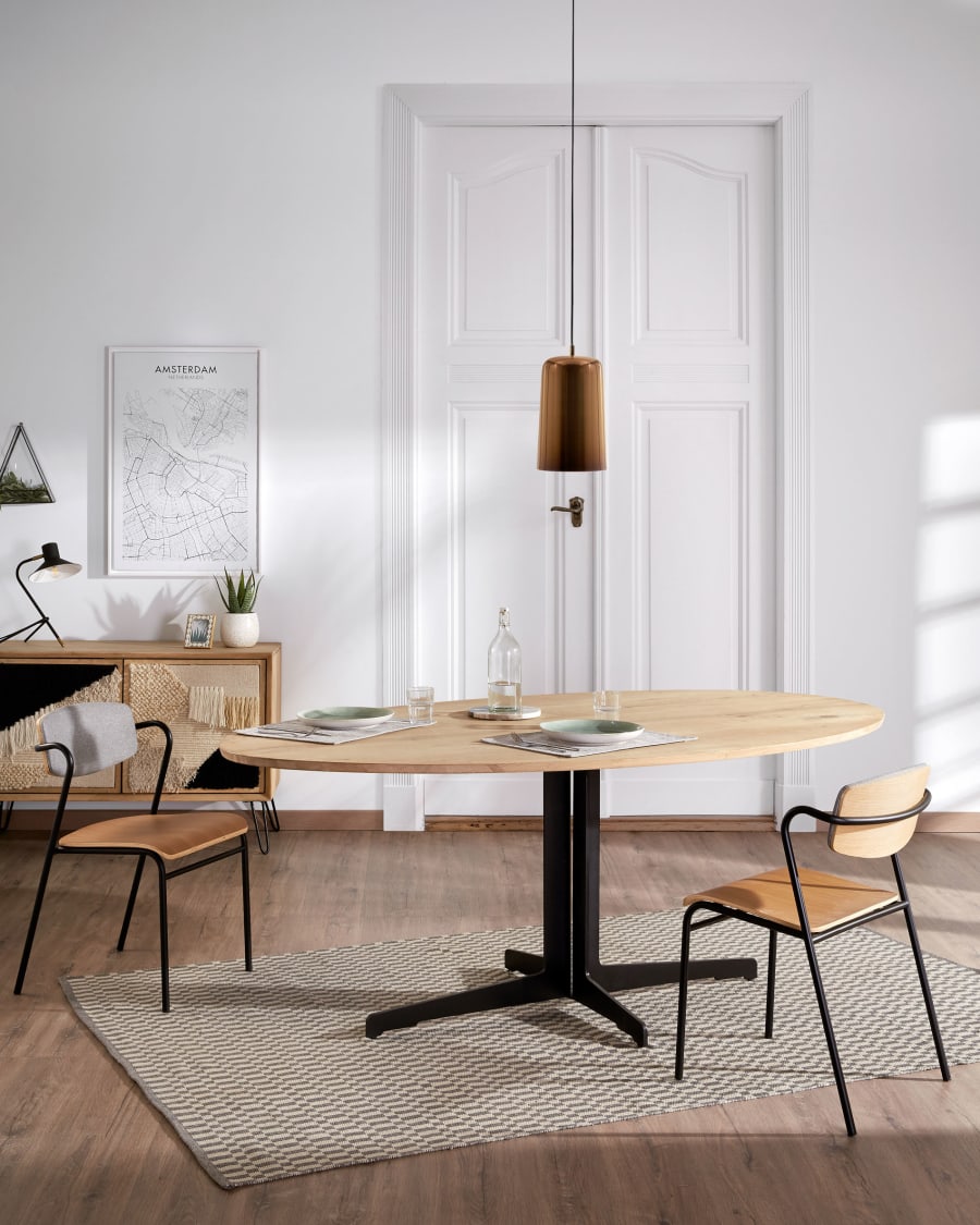 Zaha light grey chair in oak veneer and steel with black finish