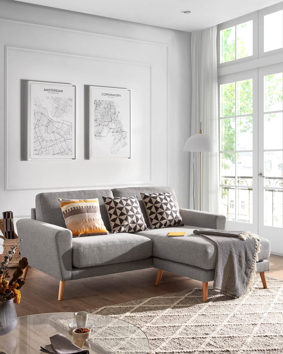 Narnia 3 seater sofa with chaise longue in light grey, 192 cm
