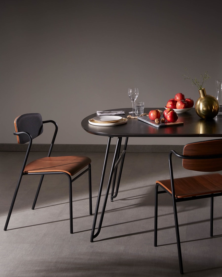 Zaha dark grey chair in walnut veneer and steel with black finish