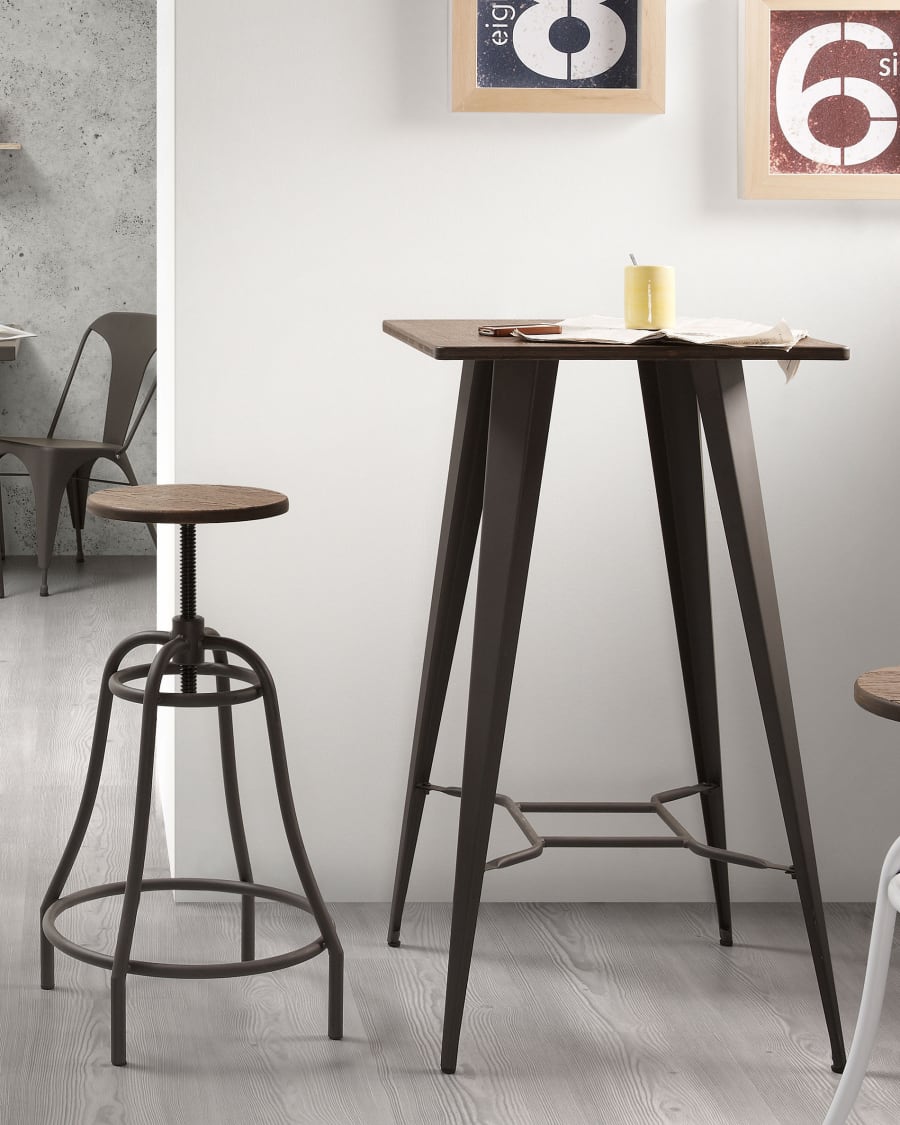 Malira steel kitchen stool with a dark grey finish, solid bamboo seat, 66-84 cm