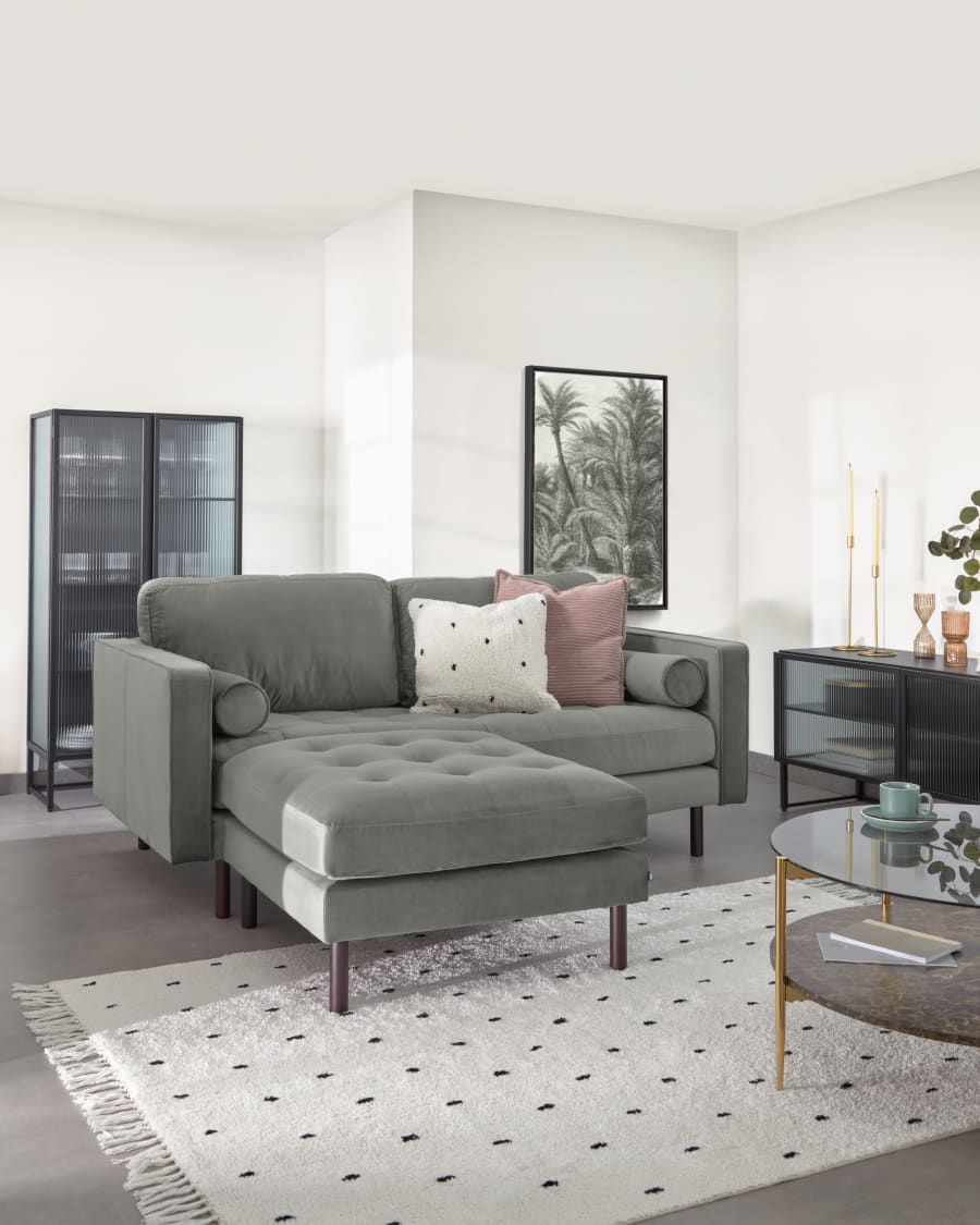 Debra 2 seater sofa with footrest in grey velvet, 182 cm