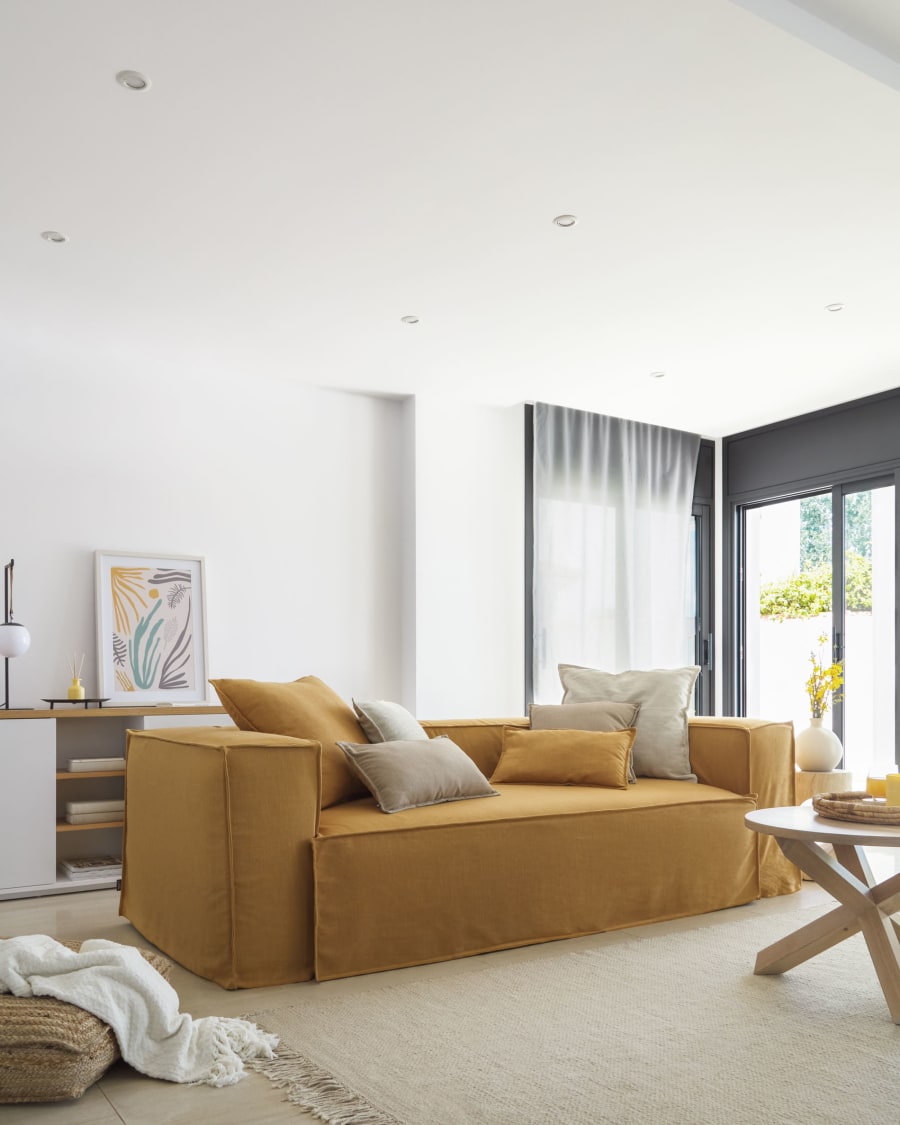 Blok 2 seater sofa with removable covers in mustard linen, 210 cm