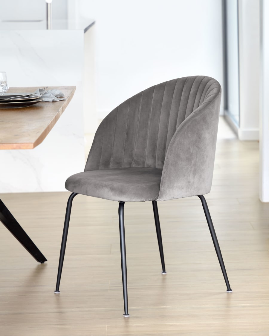Lumina light grey velvet chair with steel legs with black finish Kave Home Australia