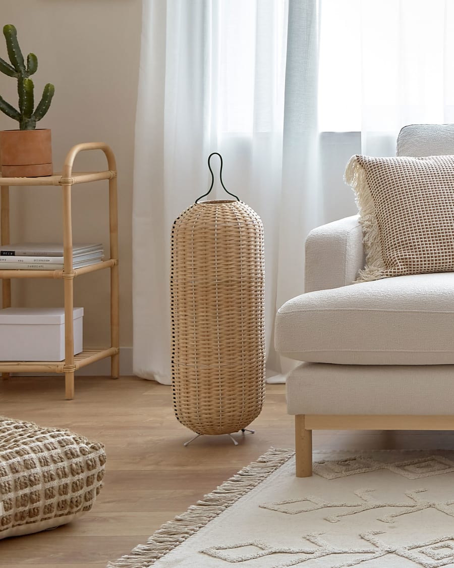 Large Lumisa floor lamp in rattan with natural finish and green cord UK adapter