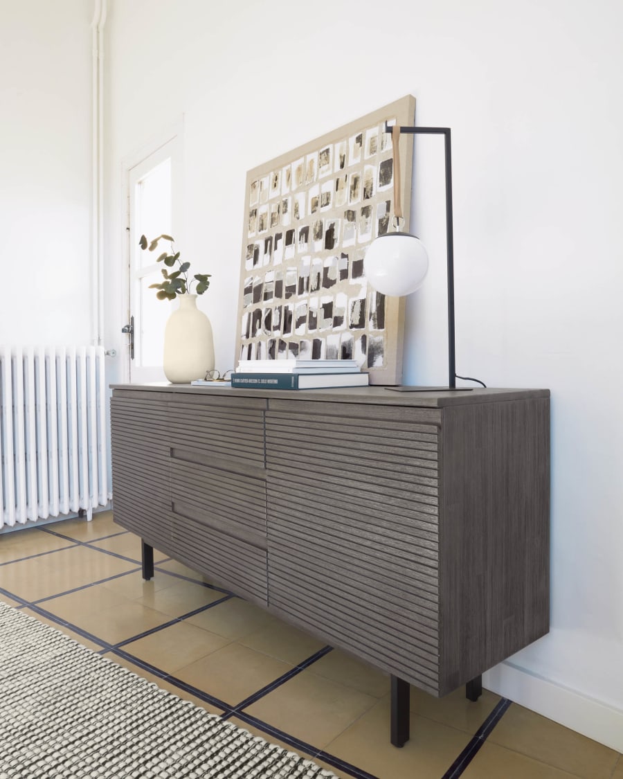 Indiann solid acacia wood & black metal sideboard with 2 doors & 3 drawers, 160 x 75 cm