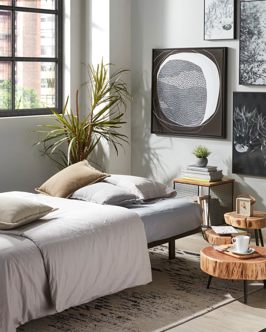 Eveline three-seater sofa bed in beige, metal frame, 195 cm