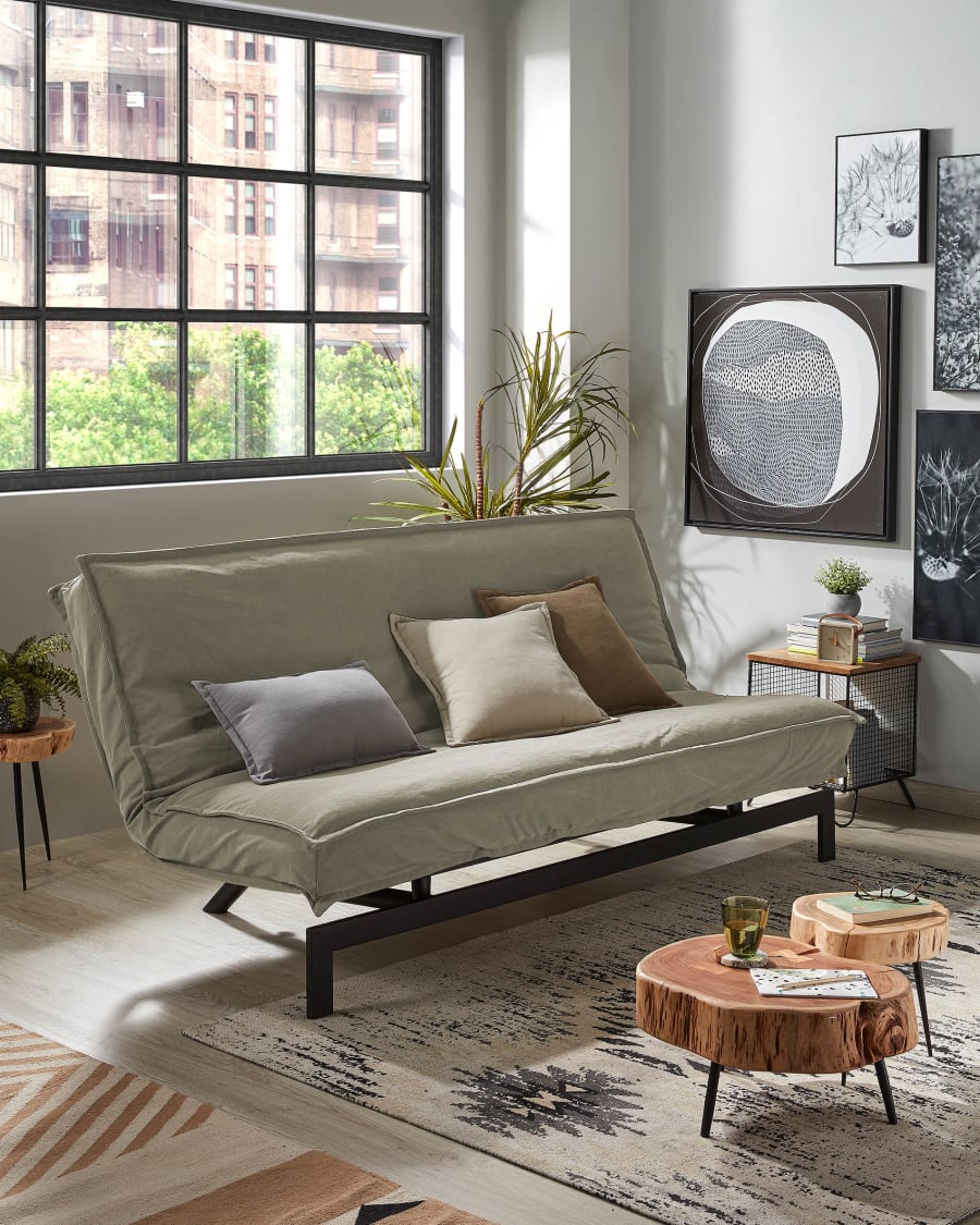 Eveline three-seater sofa bed in beige, metal frame, 195 cm