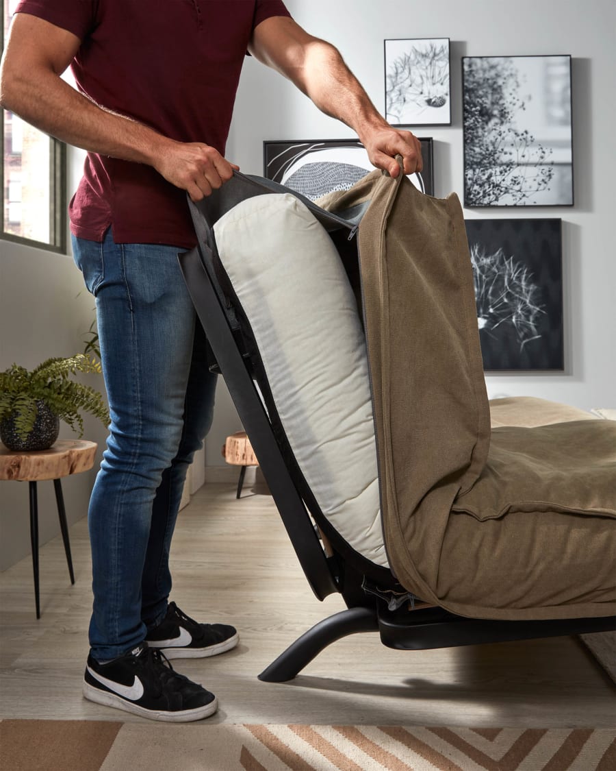 Eveline three-seater sofa bed in beige, metal frame, 195 cm