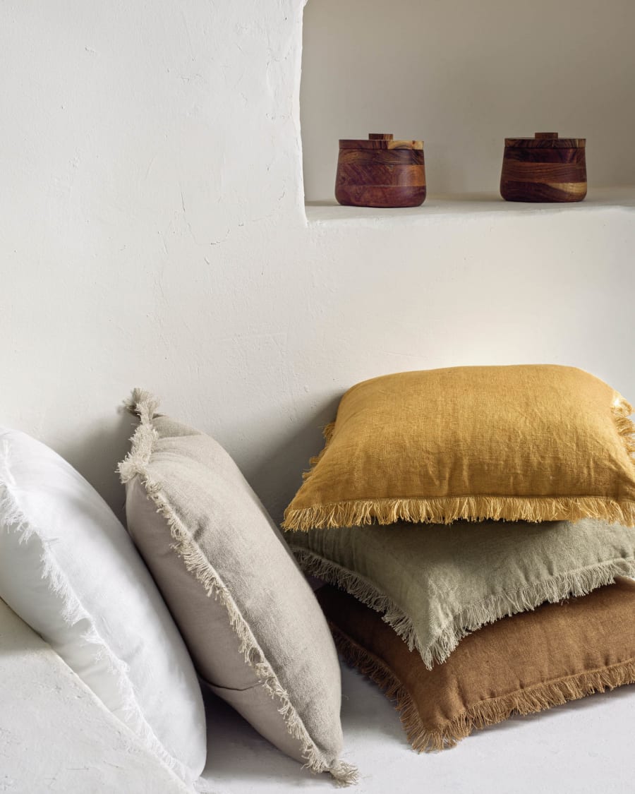 Almira brown cotton and linen cushion cover with fringe 45 x 45 cm