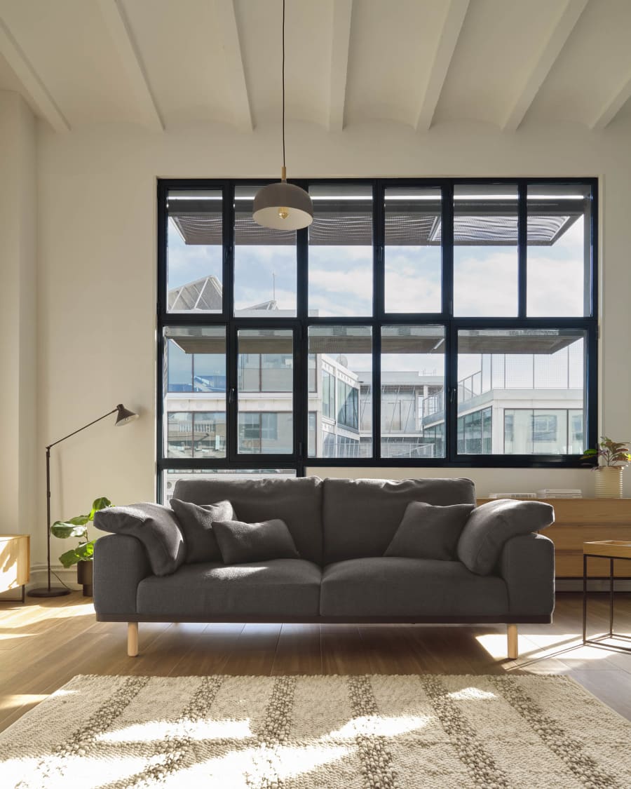 Noa 3 seater sofa with cushions in grey with natural finish legs, 230 cm