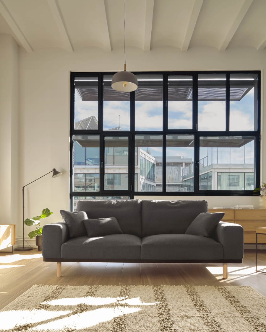 Noa 3 seater sofa in grey with natural finish legs, 230 cm