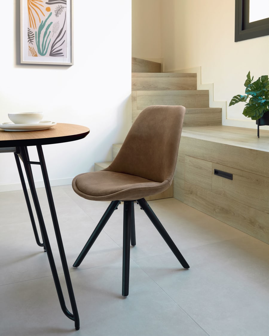 Ralf faux leather chair in brown and solid beech wood legs with black finish