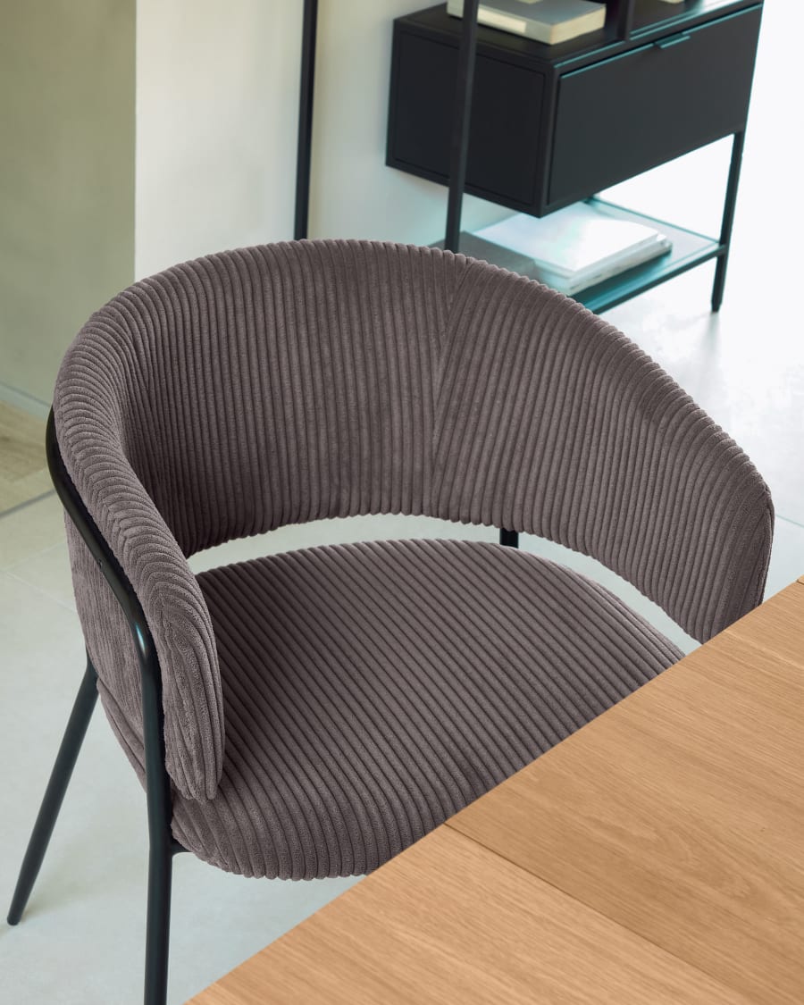 Runnie chair made from grey wide seam corduroy with steel legs in a black finish