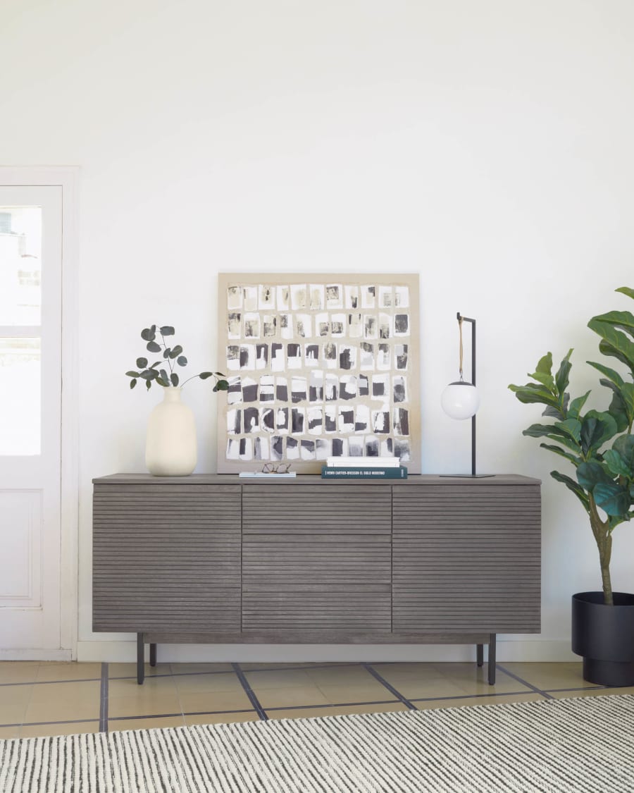 Indiann solid acacia wood & black metal sideboard with 2 doors & 3 drawers, 160 x 75 cm