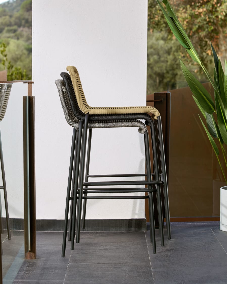 Lambton stackable stool in black rope and black finish steel, 74 cm