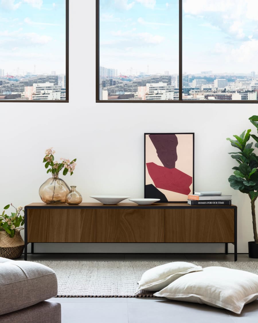 Nadyria walnut wood veneer 3 door TV stand with black finish steel, 180 x 50 cm