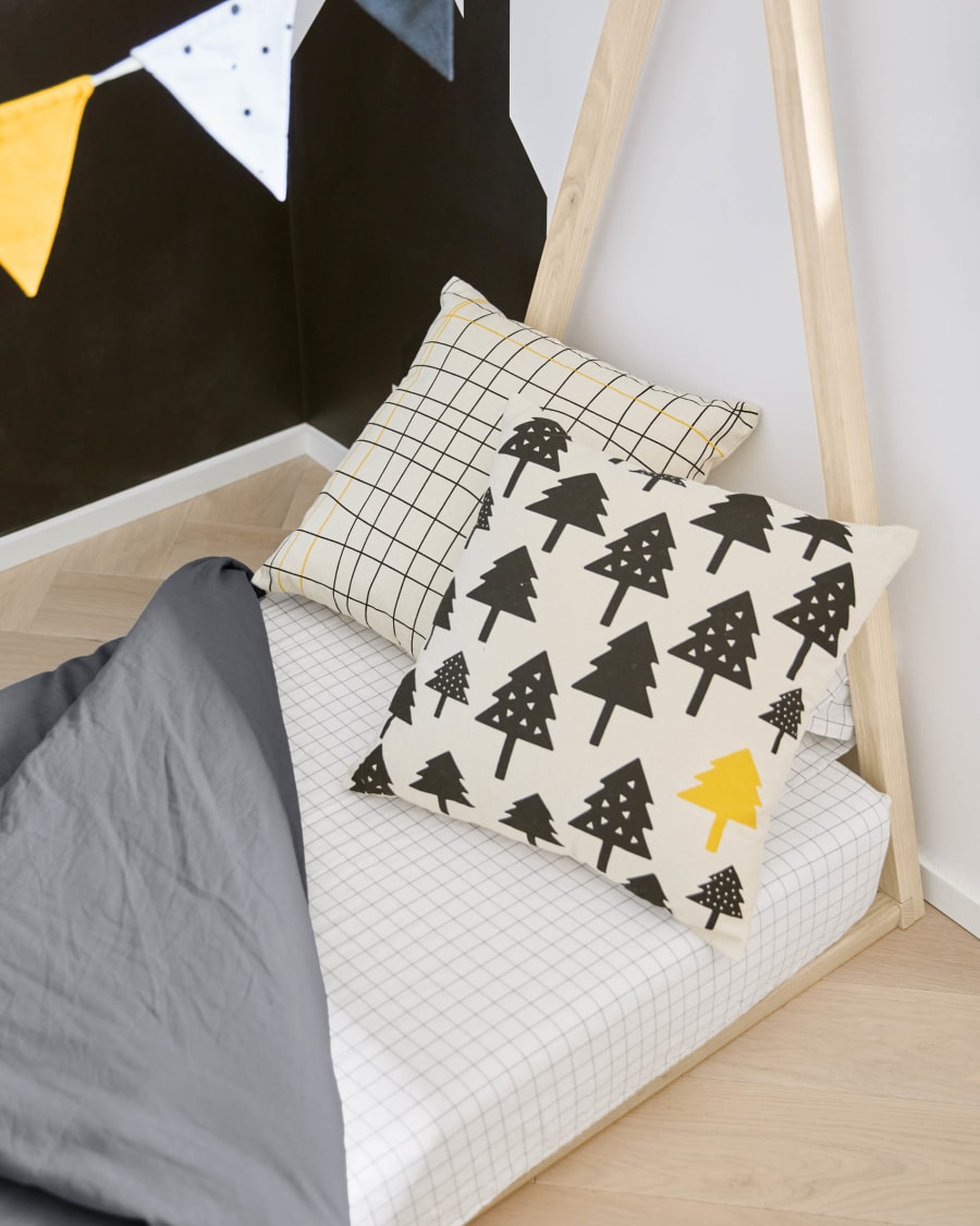Saori 100% organic cotton (GOTS) small trees cushion cover in black 45 x 45 cm