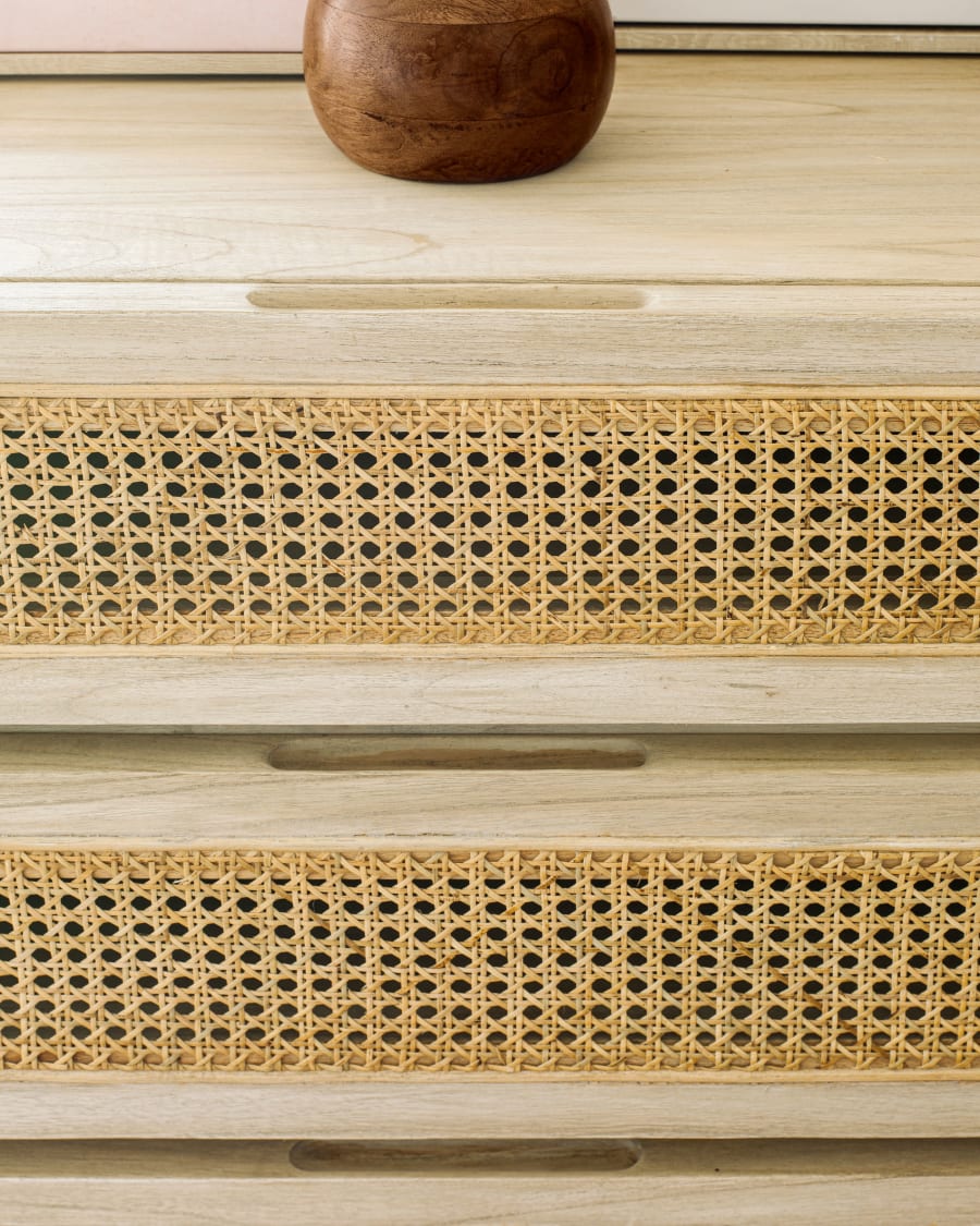 Rexit solid mindi wood and veneer chest of 4 drawers with rattan 90 x 93 cm