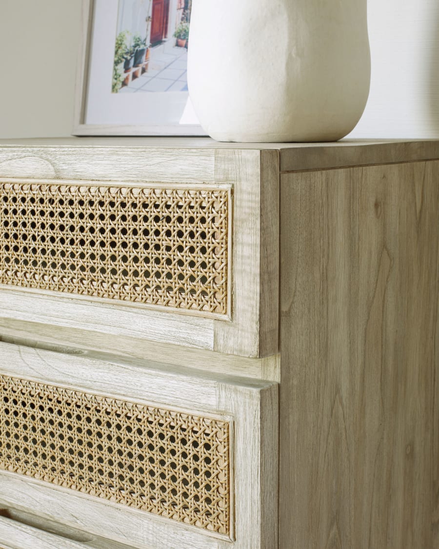 Rexit solid mindi wood and veneer chest of 5 drawers with rattan 60 x 113 cm