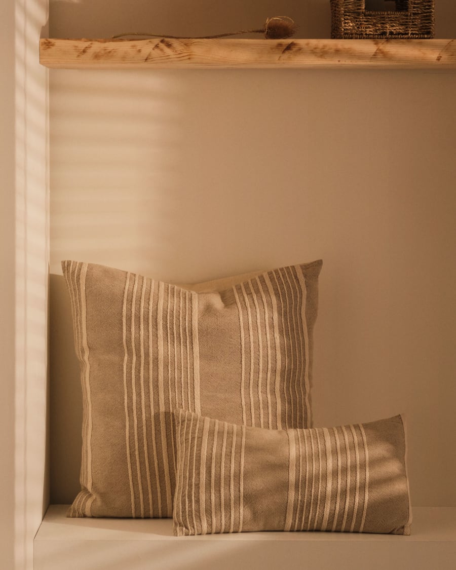 Montras cushion cover, beige linen and cotton, white relief effect stripes, 60 x 60 cm