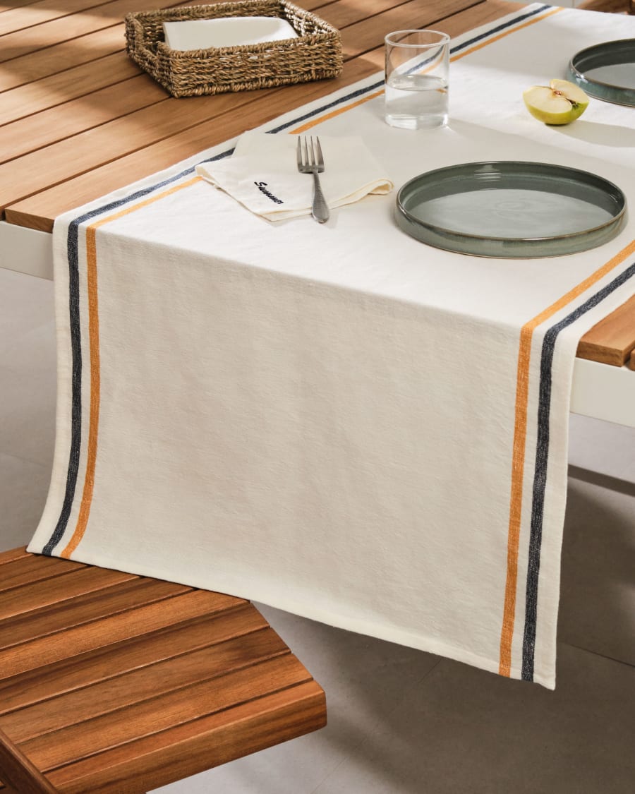 Vallcanera cotton and linen cushion cover with mustard and blue stripes, 50 x 160 cm