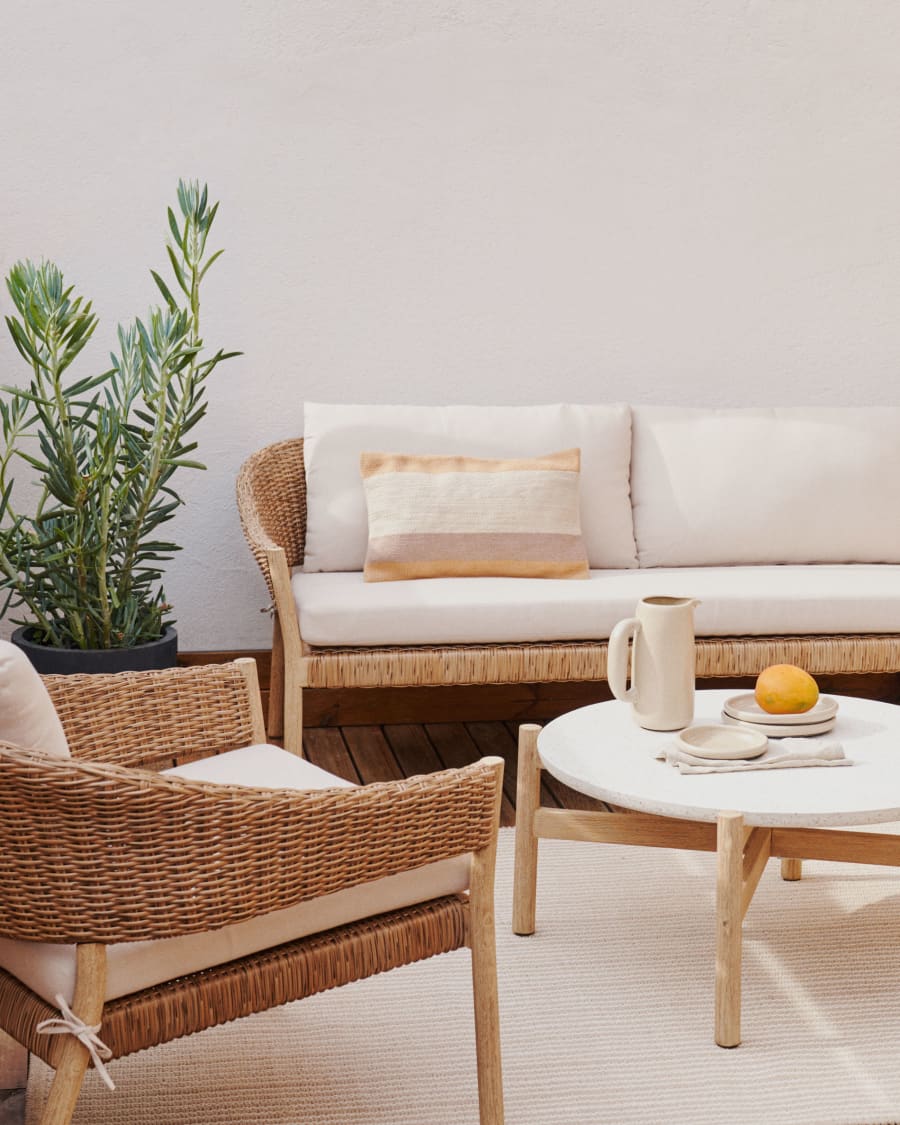 Pola stackable set, 2 seater sofa & 2 armchairs in solid eucalyptus and faux-rattan, FSC