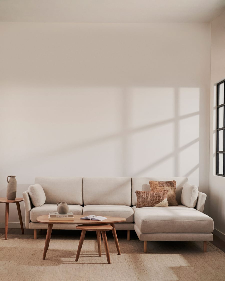 Gilma 3 seater sofa w/ right/left-hand chaise longue in chenille pearl, natural legs, 260 cm