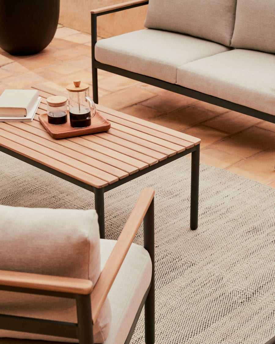 Aiguafreda set, 2 seater sofa, 2 chairs & coffee table made from grey aluminium & acacia