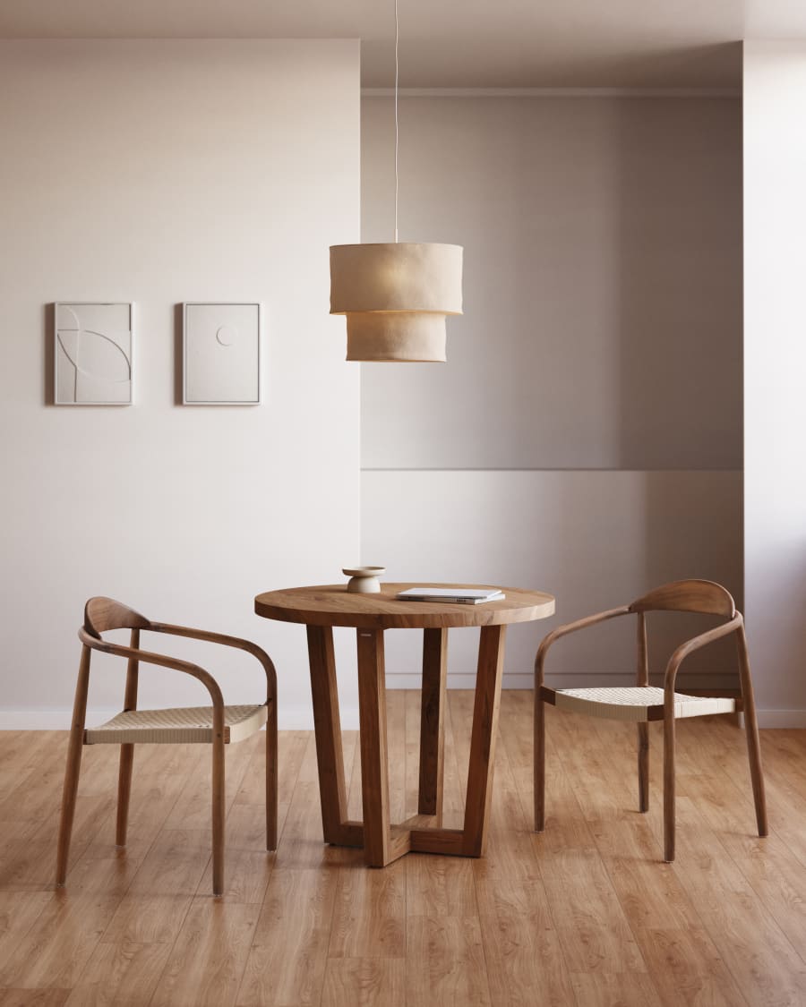 Nina stackable chair in solid acacia wood with walnut finish and beige rope seat FSC 100%