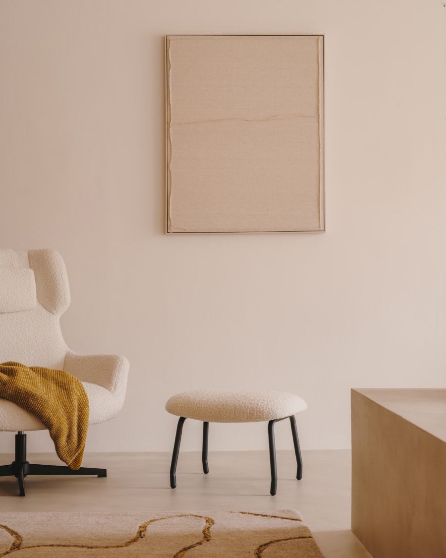 Belina footrest in white bouclé and steel with black finish FSC 100%