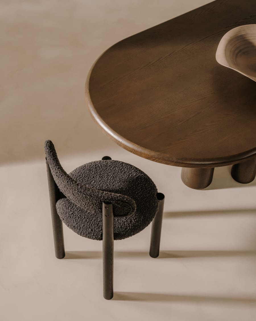 Nebai chair in black bouclé and solid oak wood structure with black finish