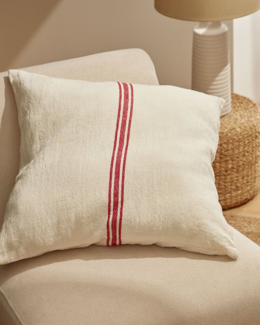 Nona cushion cover in a natural linen and cotton with red stripes, 60 x 60 cm