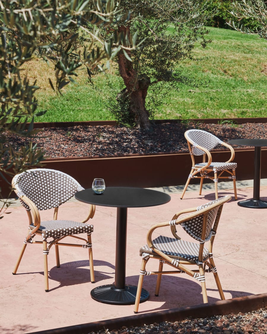 Marilyn stackable outdoor bistro chair w/ armrests in aluminium and synthetic rattan in brown & white