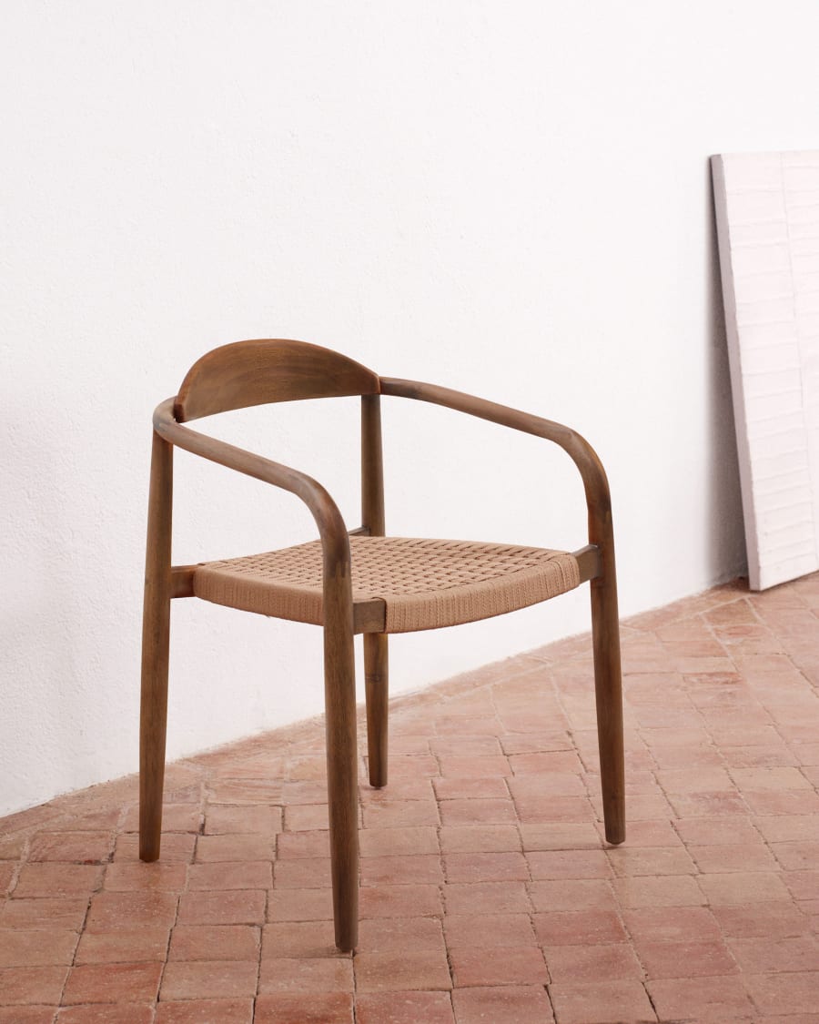 Nina stackable chair in solid acacia wood with walnut finish and beige rope seat FSC 100%