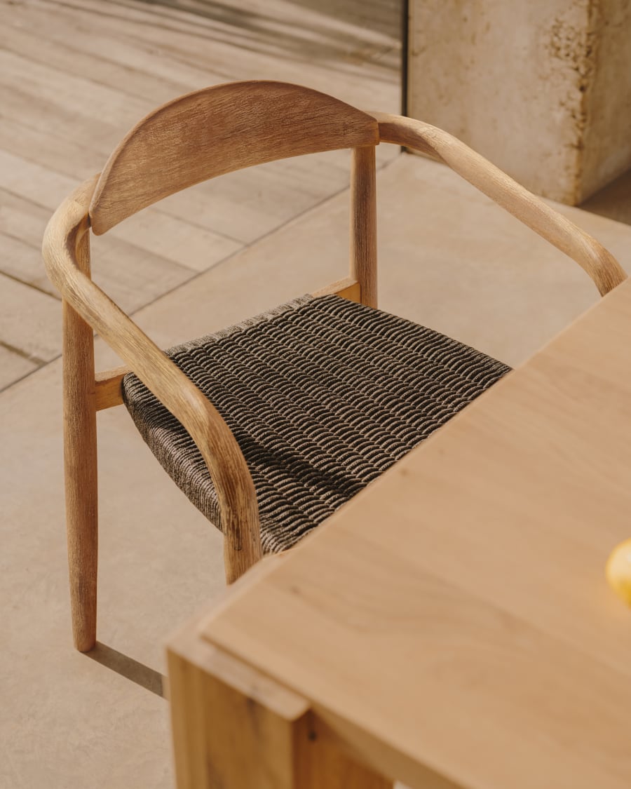Nina stackable chair in solid acacia wood and black rope seat FSC 100%