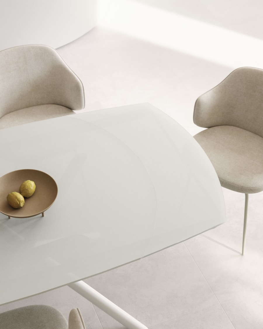 Yodalia extendable round table in glass and MDF with steel legs in white, 130 (190) x 100 cm