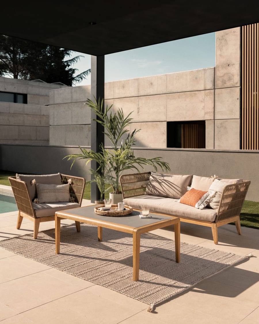 Belleny 3 seater sofa in beige cord and solid acacia wood, 176 cm FSC 100%
