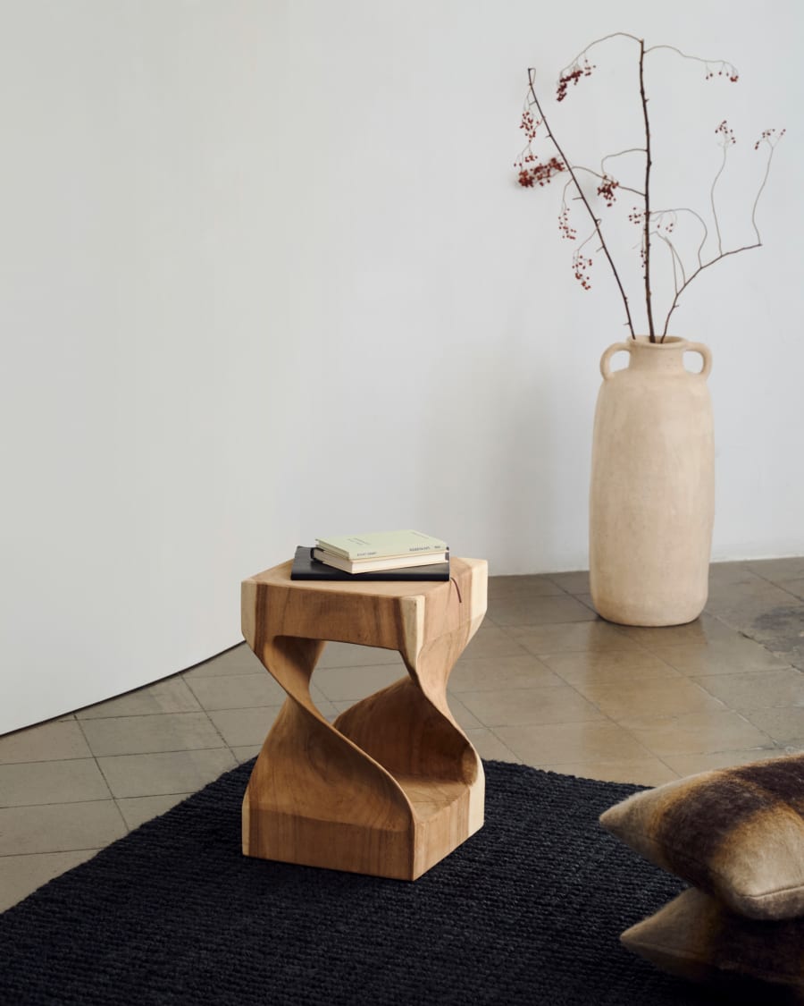 Hakon solid rain tree wood side table with carved interior, 30 x 30 cm
