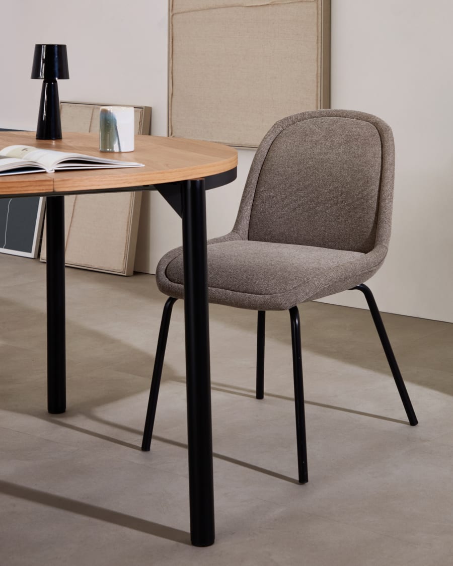 Aimin chair in brown chenille and steel legs with a matte black painted finish