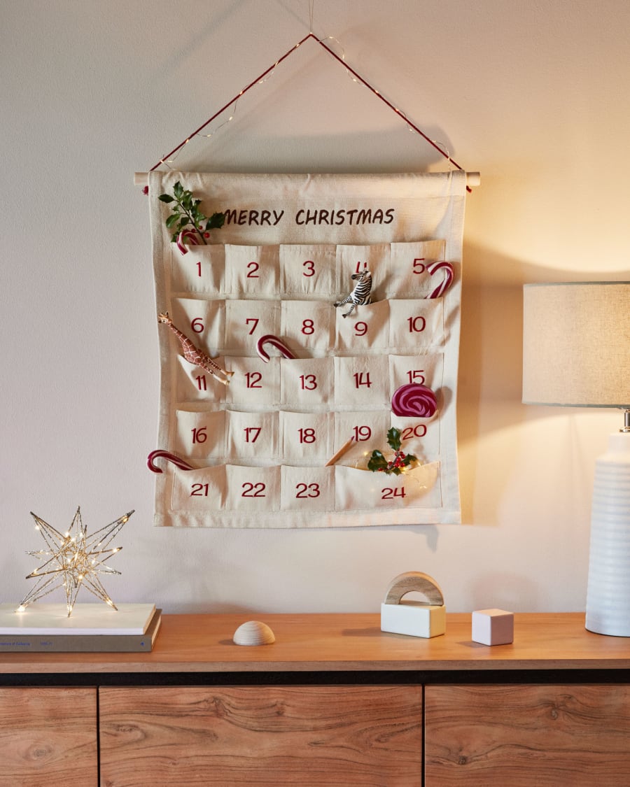 Nahir advent calender 100% in red and natural colour cotton, 56 x 65 cm