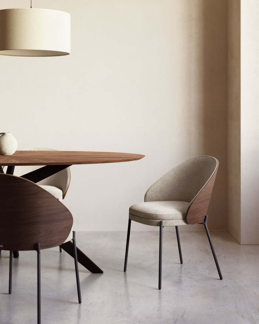 Eamy chair light brown chenille and ash wood veneer with a wenge finish and black metal