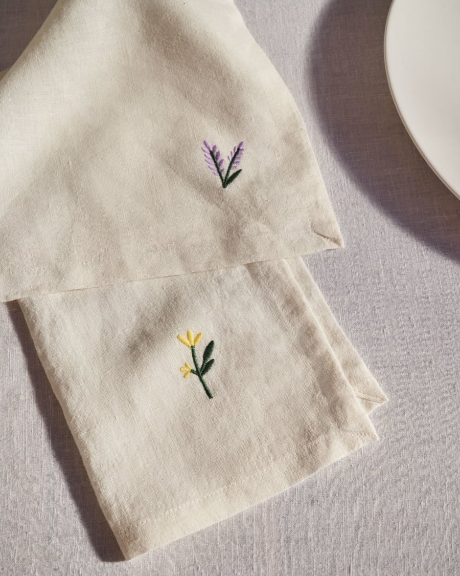 Sadurni 100% white linen with red and purple floral embroidery