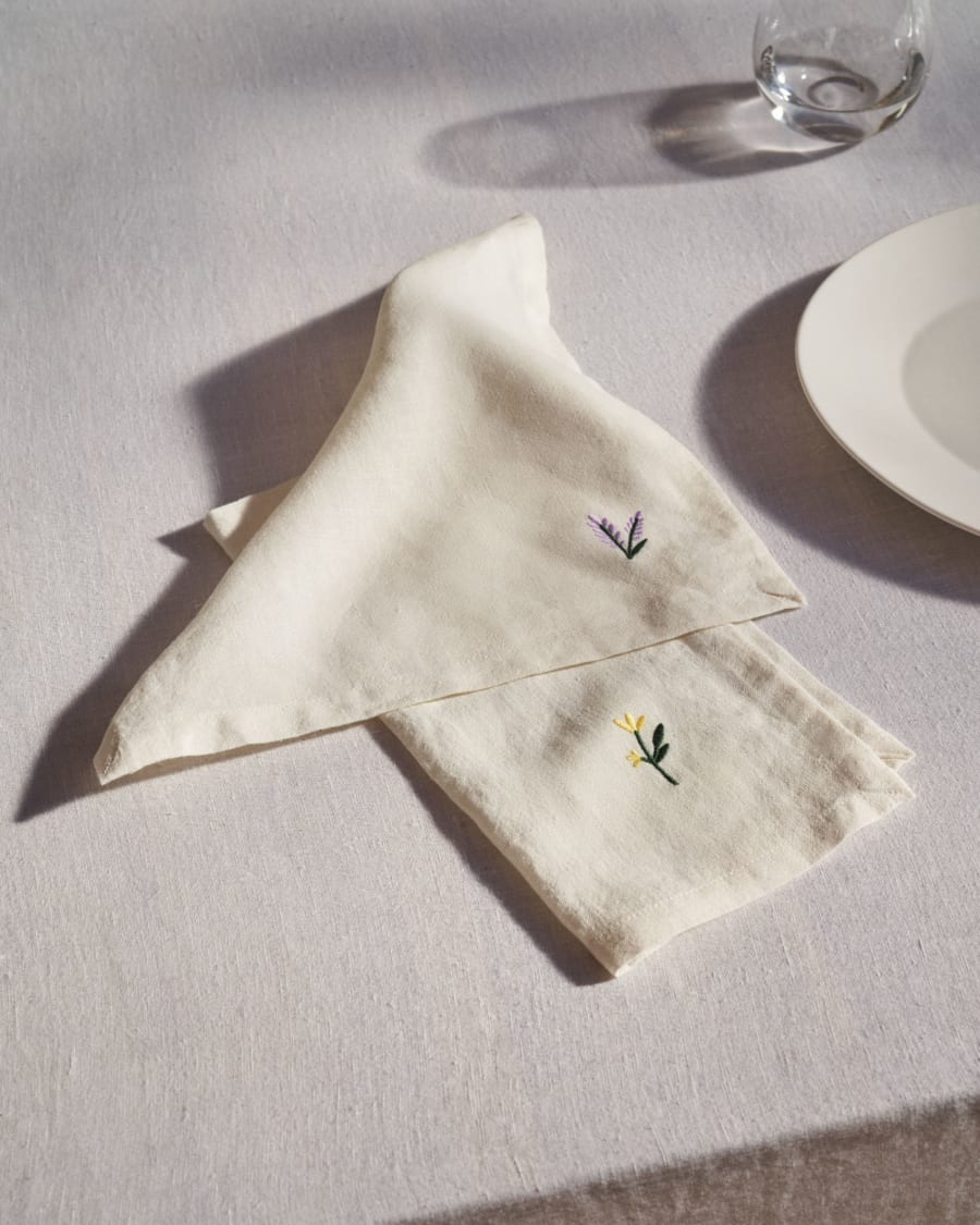 Sadurni 100% white linen with red and purple floral embroidery