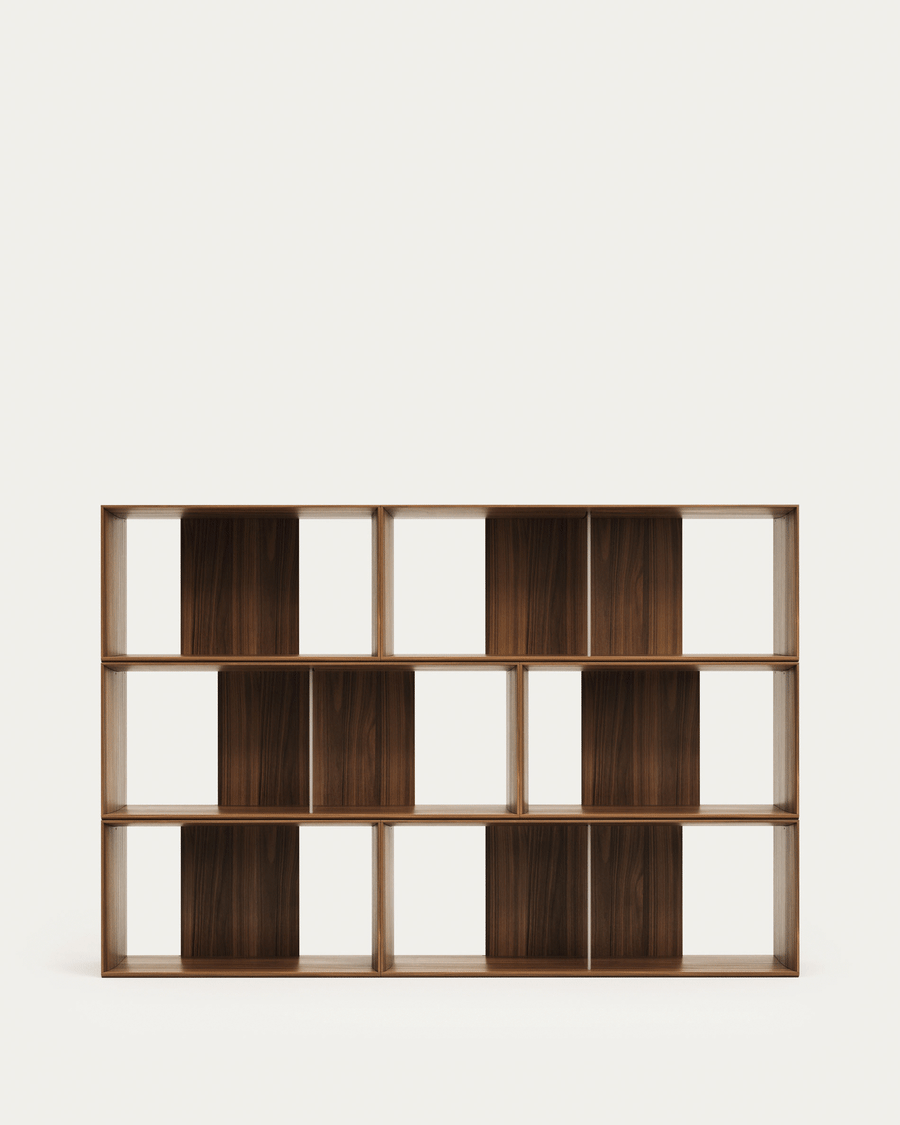 Litto set of 6 modular shelving units in walnut wood veneer, 168 x 114 cm