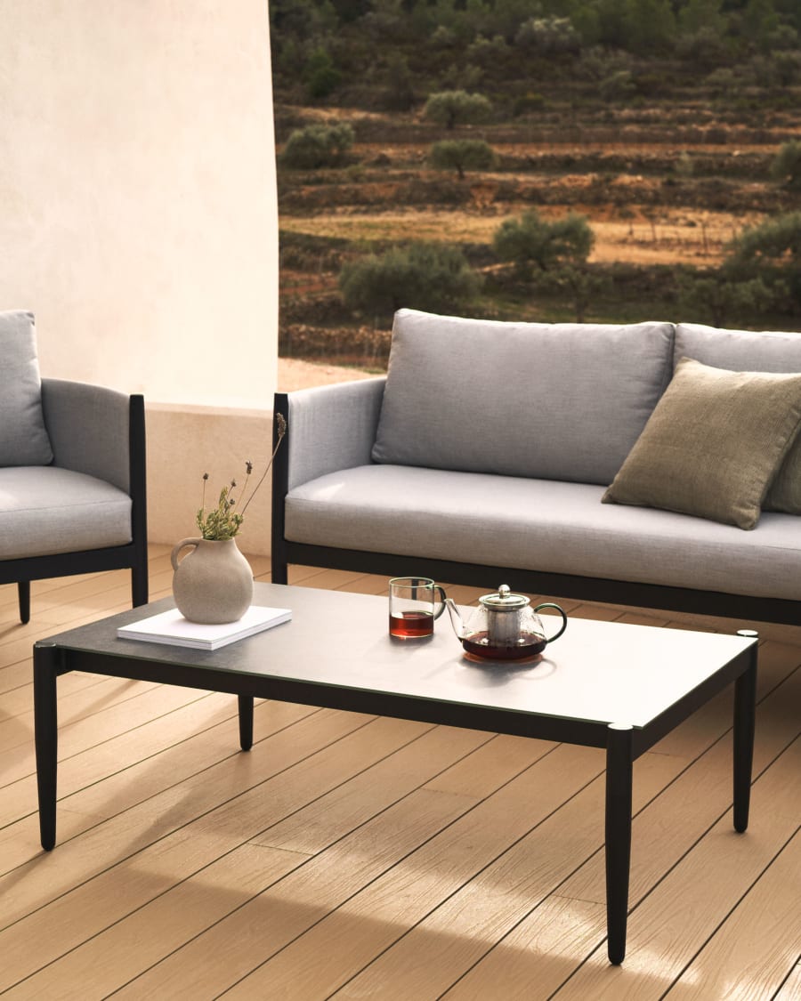 Satuna set of 2 armchairs, 2 seater sofa, and metal coffee table with a glazed finish