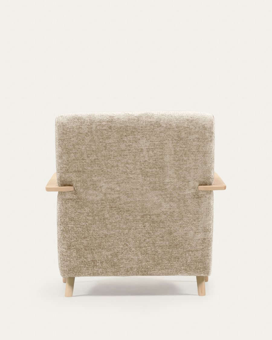 Meghan armchair in beige chenille and wood with natural finish