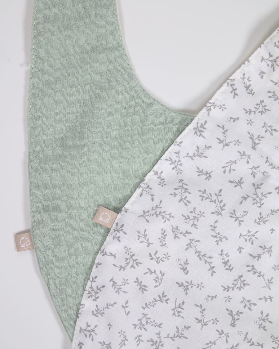 Σετ 2 σαλιάρες Yamile, 100% οργανικό βαμβάκι (GOTS), τυρκουάζ και λευκό με γκρι φύλλα