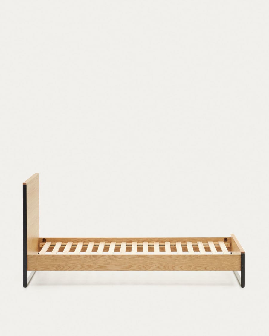 Taiana oak wood veneer bed with steel legs in a black finish, 90 x 190 cm