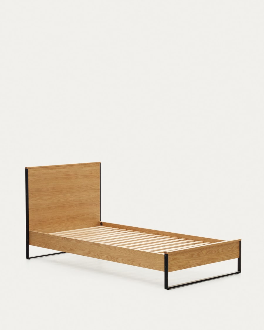 Taiana oak wood veneer bed with steel legs in a black finish, 90 x 190 cm