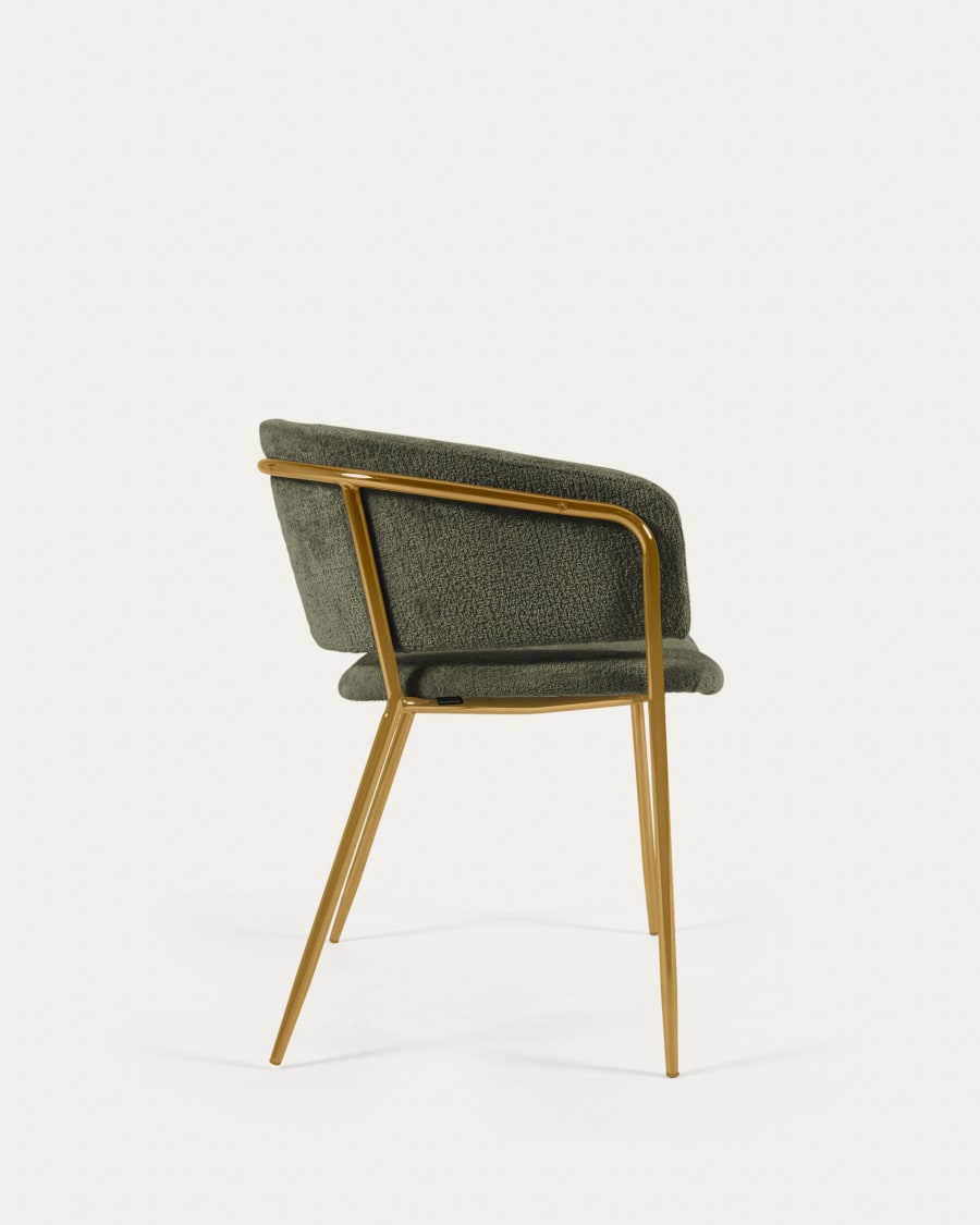 Runnie chair in dark green chenille with steel legs and gold finish